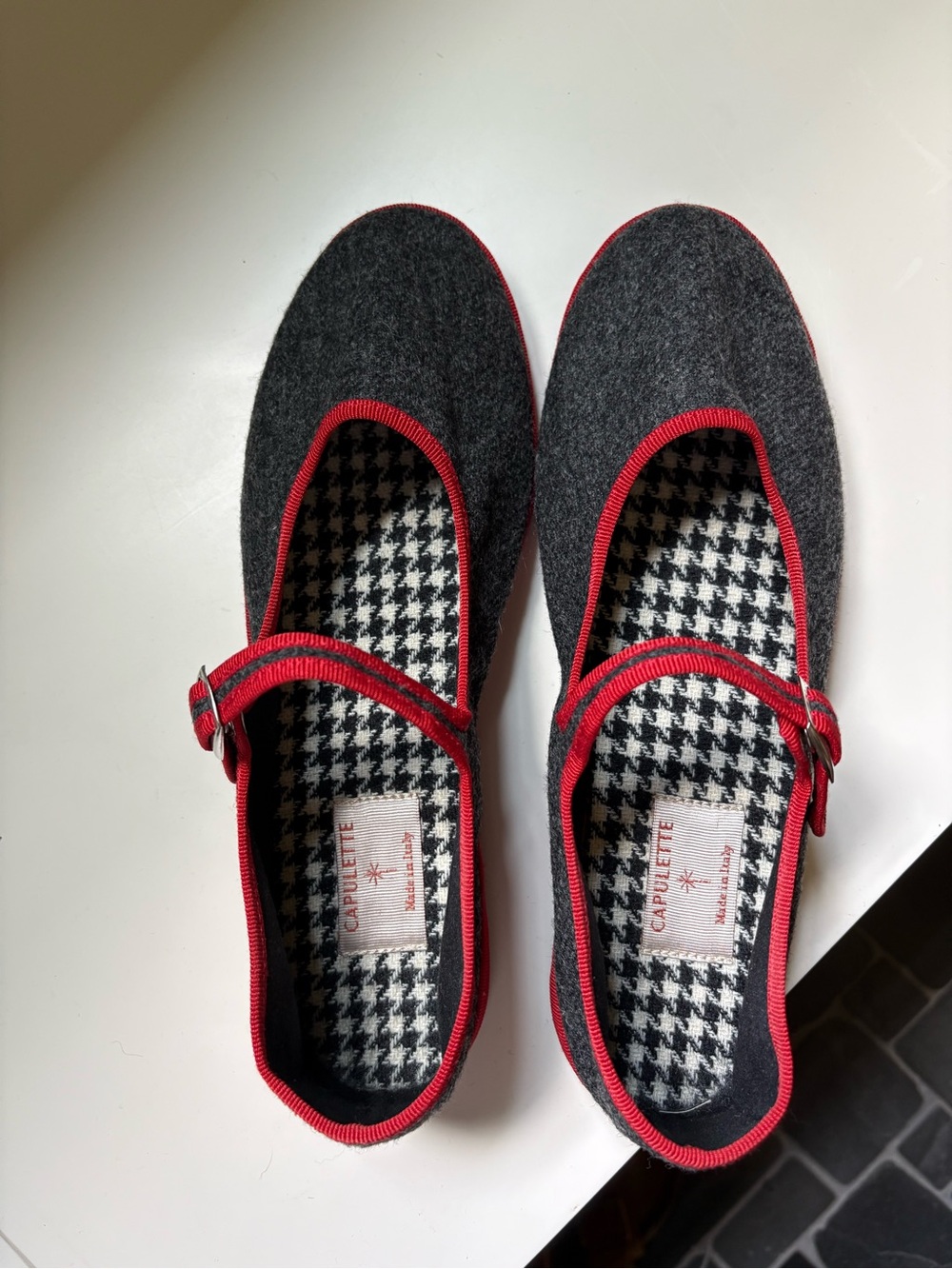 Gray Mary Jane Flats with Red Trim